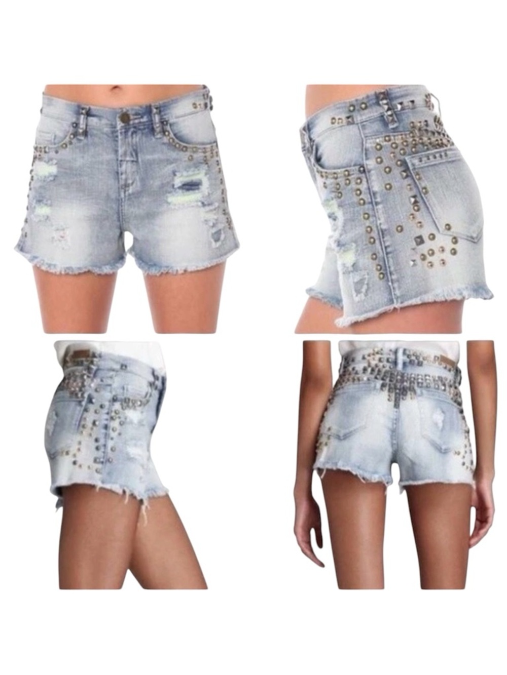 BlankNYC Distressed Studded Cutoff Denim Shorts Light Wash Women's 27 Mid Rise